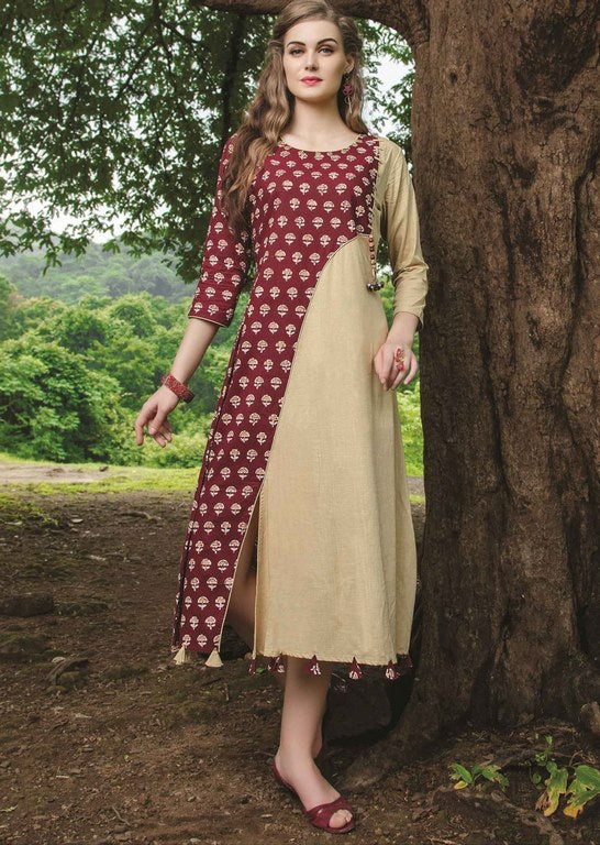 Maroon & Beige Colored Cotton Printed with Tassels Stitched Kurti