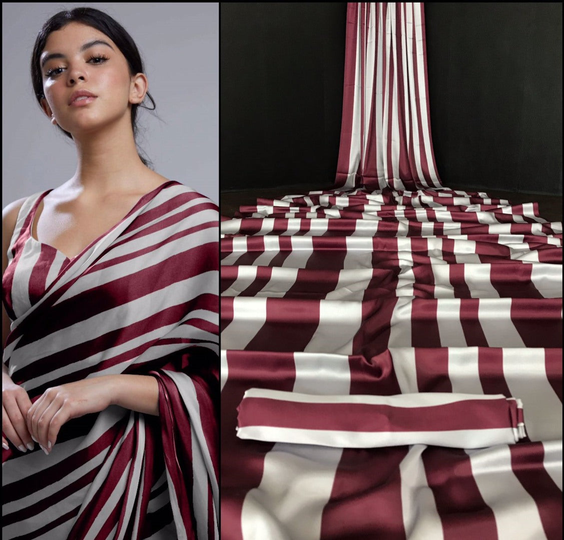 Maroon and grey stripe printed party wear saree