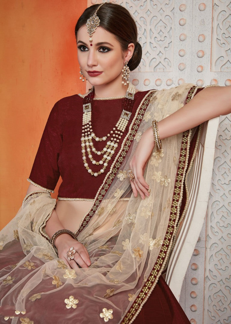 Maroon art silk zari work ceremonial lehenga choli