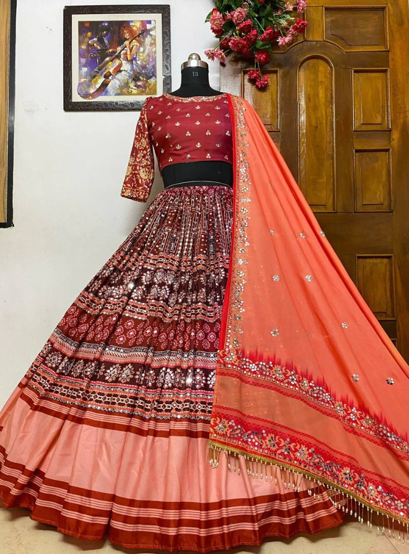 Maroon butter silk digital print and mirror work navratri festival lehenga choli