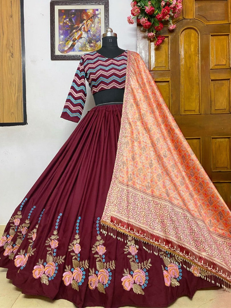 Maroon butter silk embroidered wedding lehenga choli