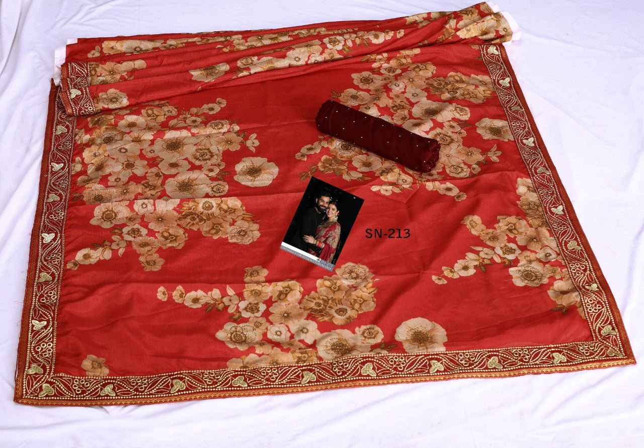 Maroon chinon silk beautiful print and embroidery border saree