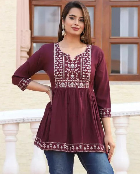 Maroon cotton printed short kurti