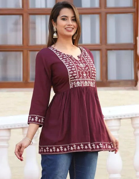 Maroon cotton printed short kurti