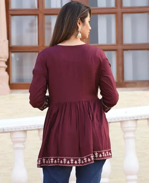 Maroon cotton printed short kurti