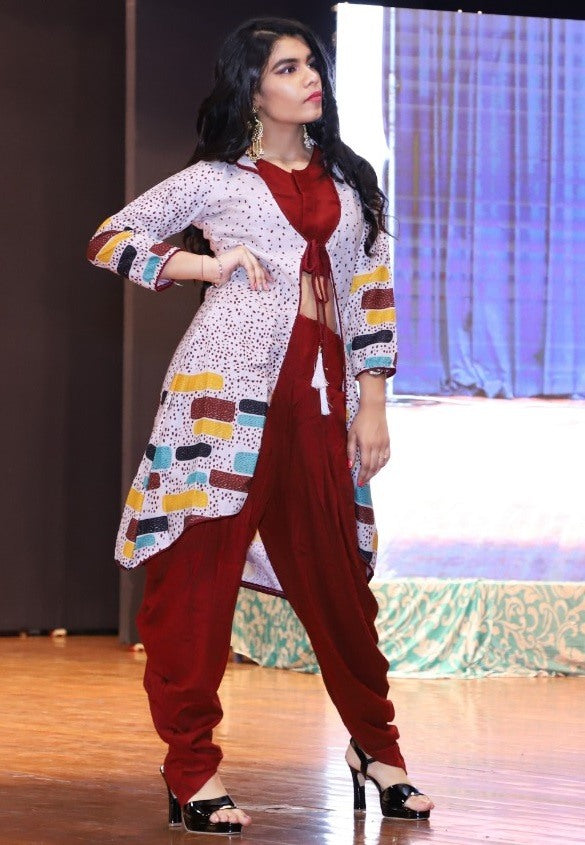 maroon dhoti suit with white printed koti