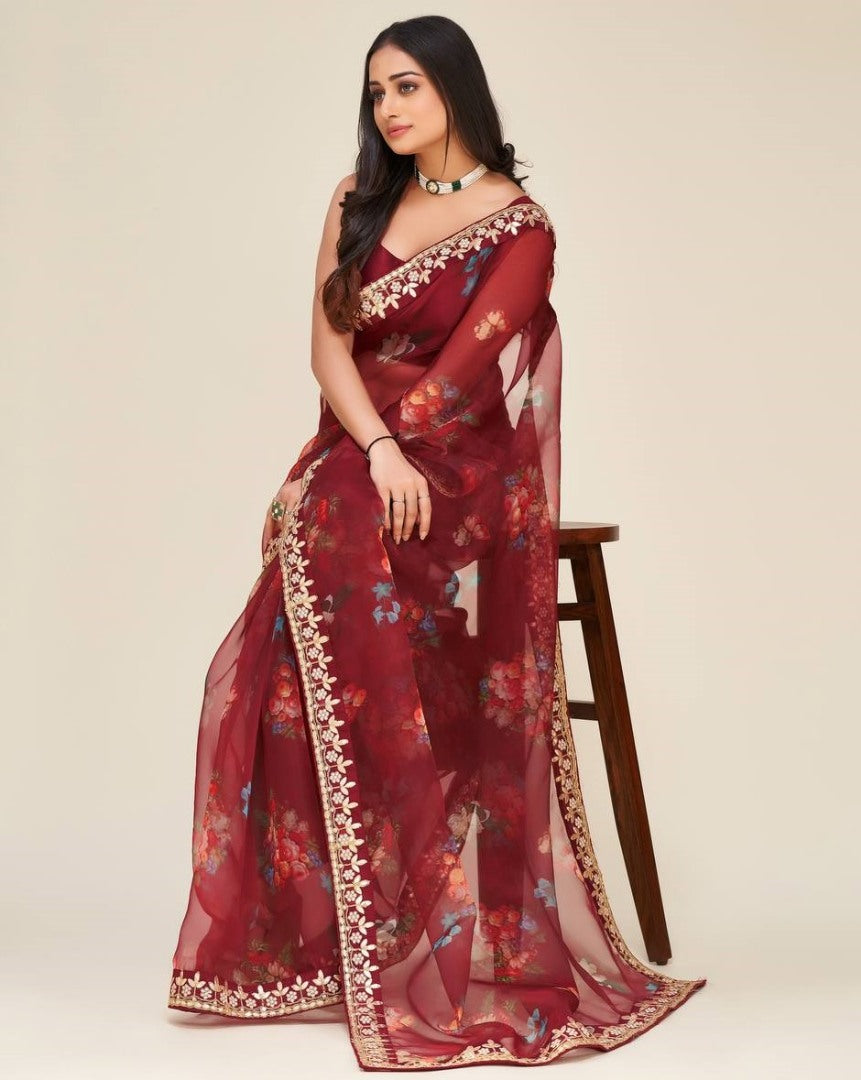 Maroon floral printed dori work organza saree
