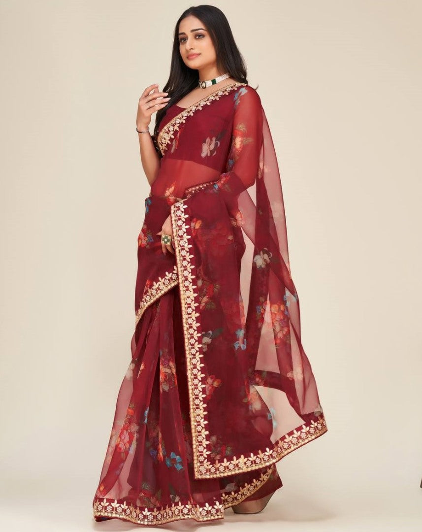 Maroon floral printed dori work organza saree