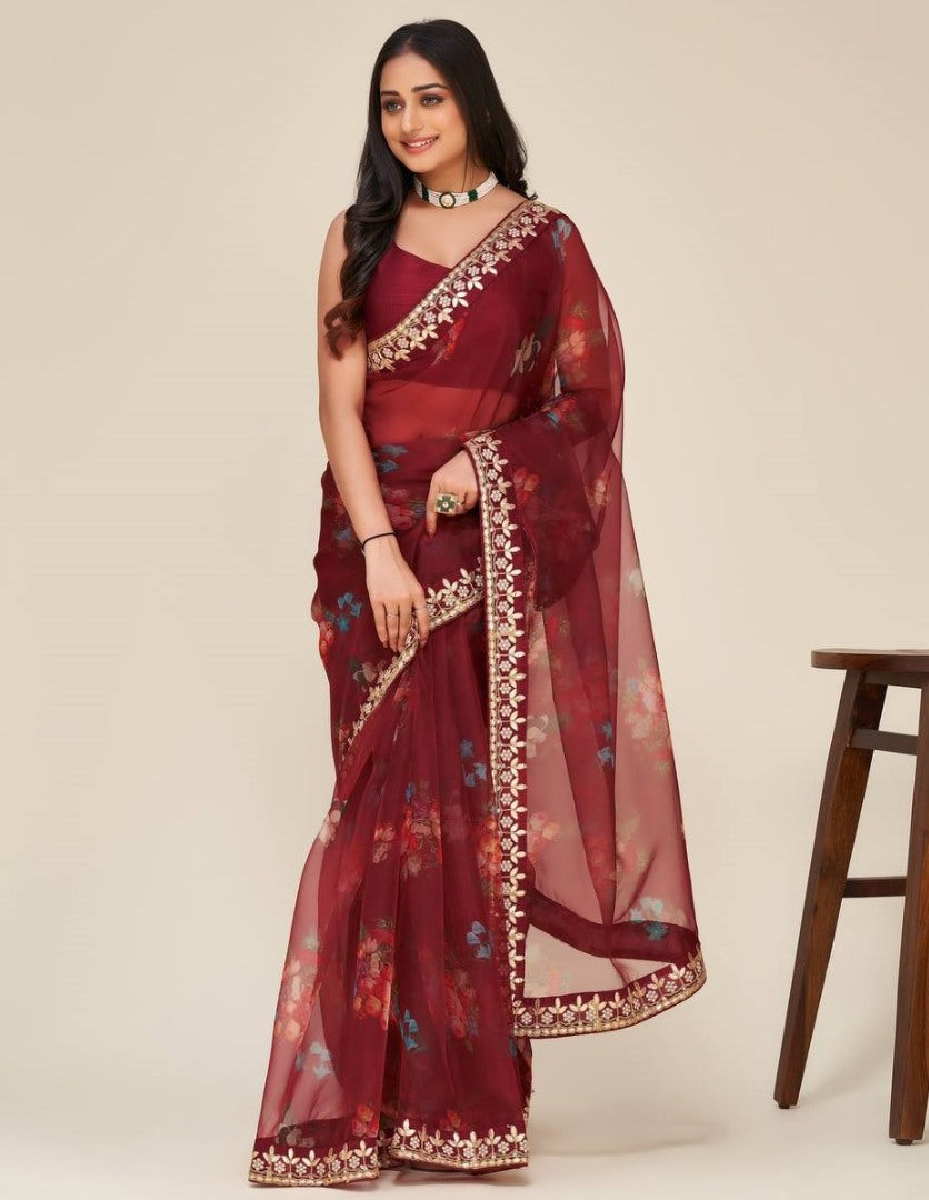Maroon floral printed dori work organza saree
