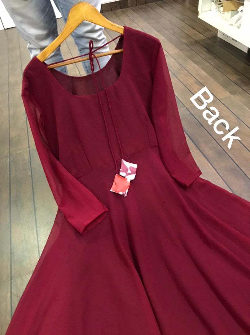 Maroon georgette anarkali gown with flower printed dupatta