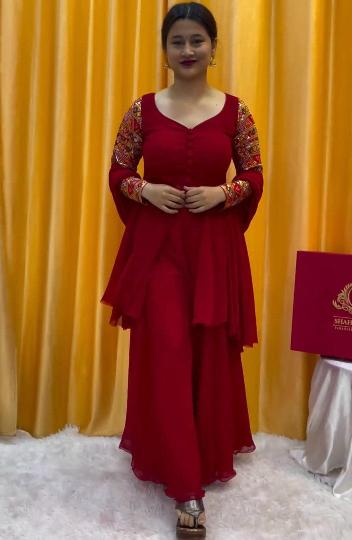 Maroon georgette designer plazzo suit
