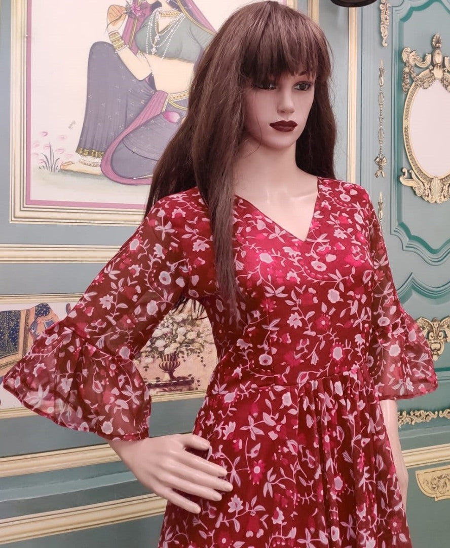 Maroon georgette digital printed gown