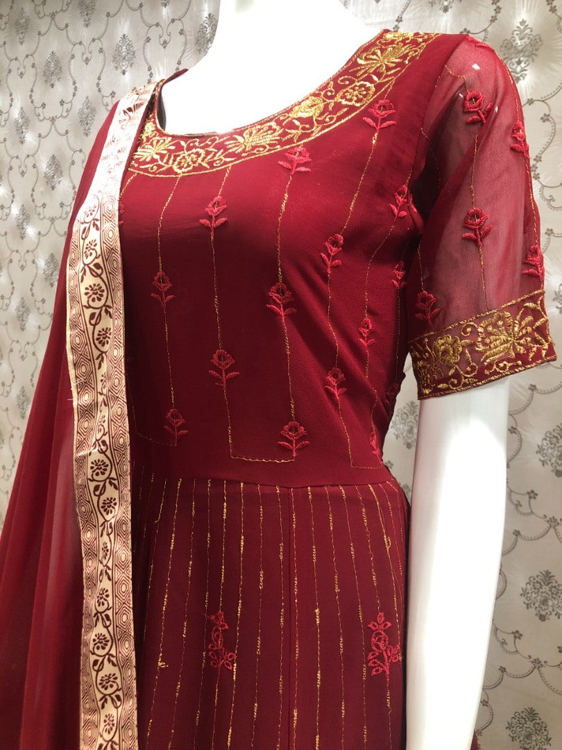 Maroon georgette embroidered anarkali suit