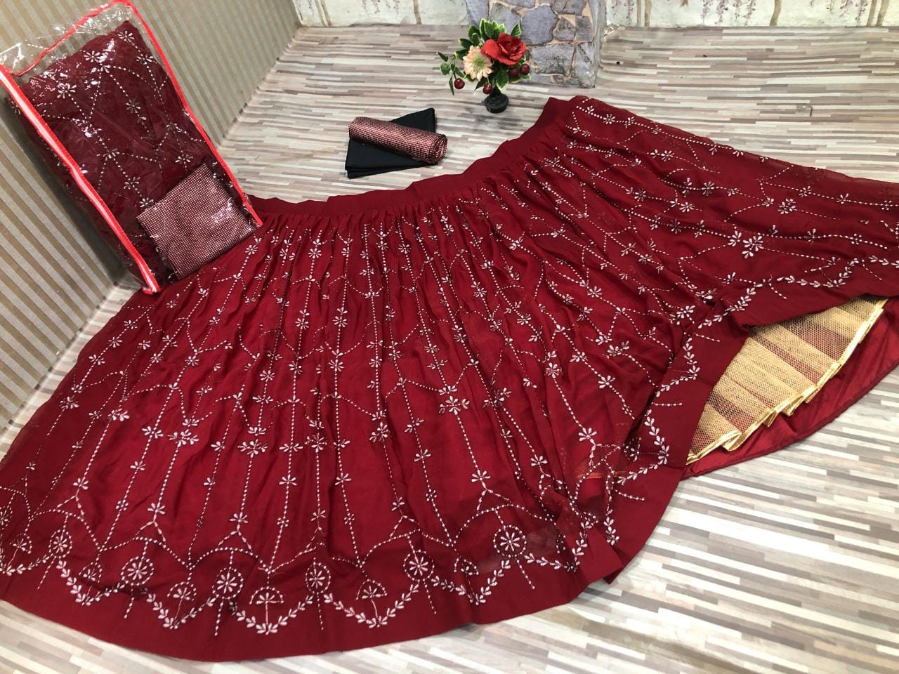 Maroon georgette embroidered crop top lehenga