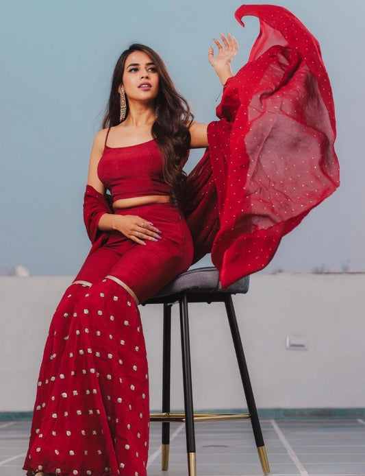 Maroon georgette embroidered sharara suit