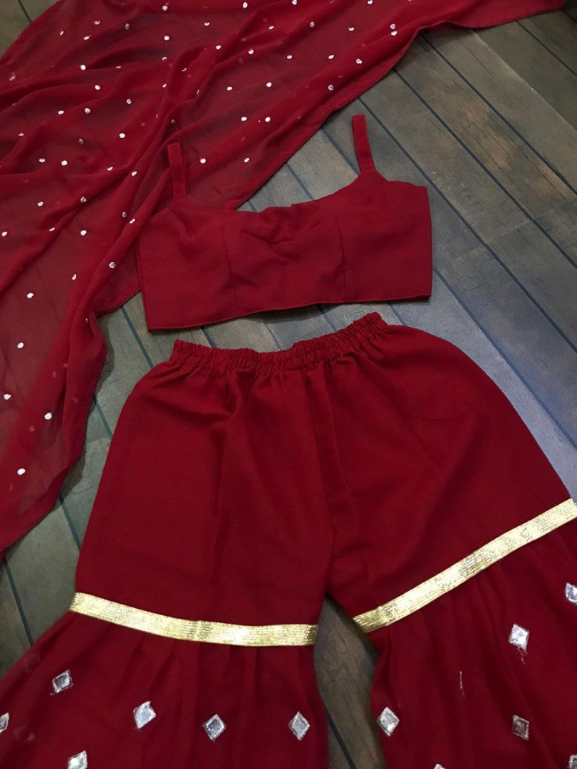 Maroon georgette embroidered sharara suit