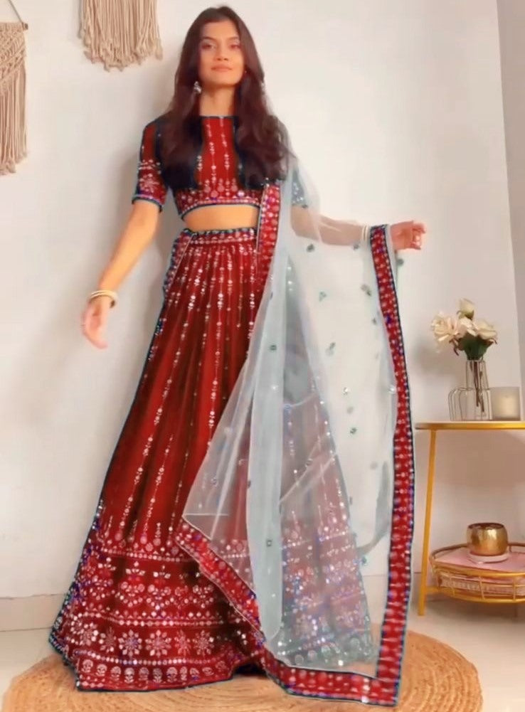 Maroon georgette embroidered wedding lehenga choli