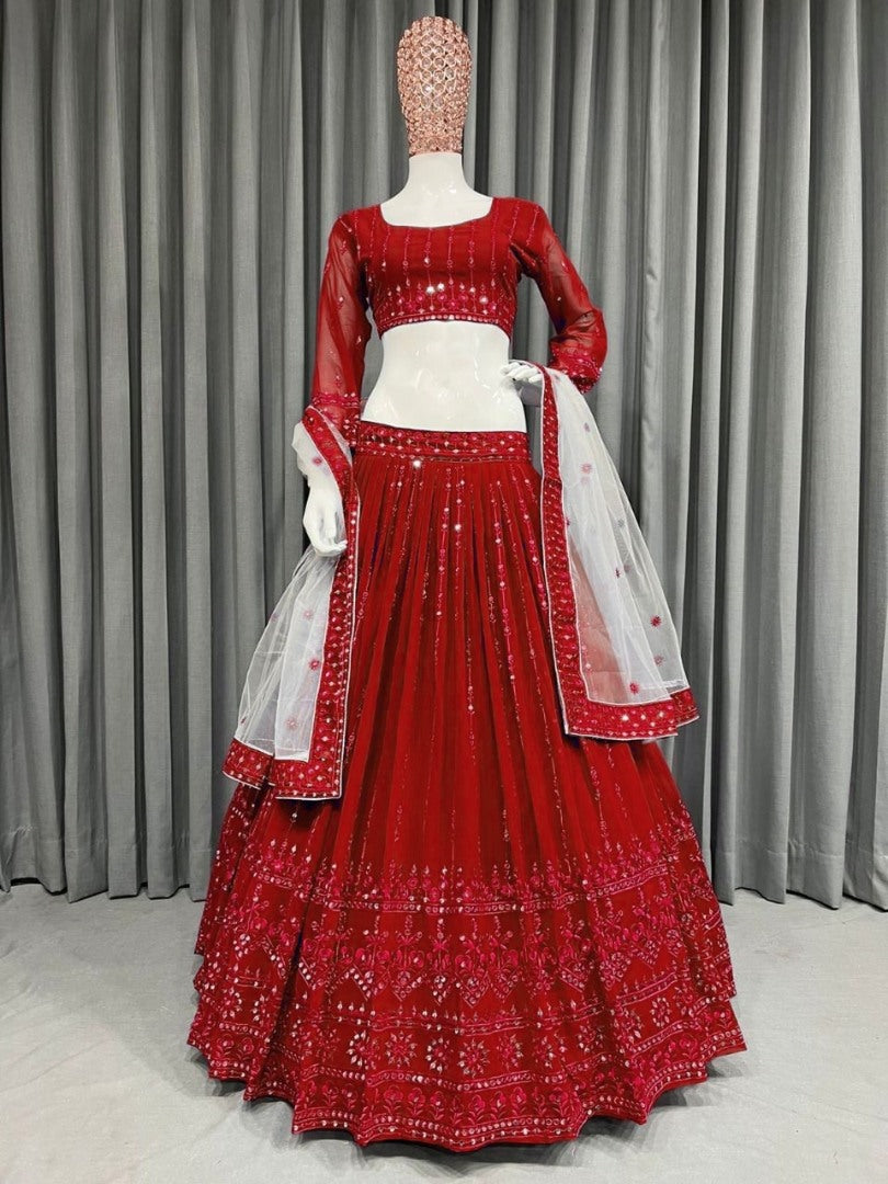 Maroon georgette embroidered wedding lehenga choli