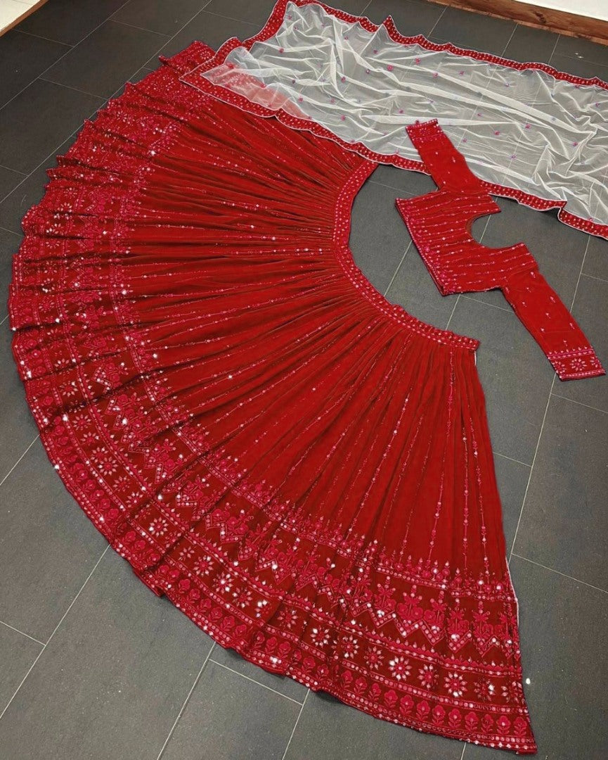 Maroon georgette embroidered wedding lehenga choli