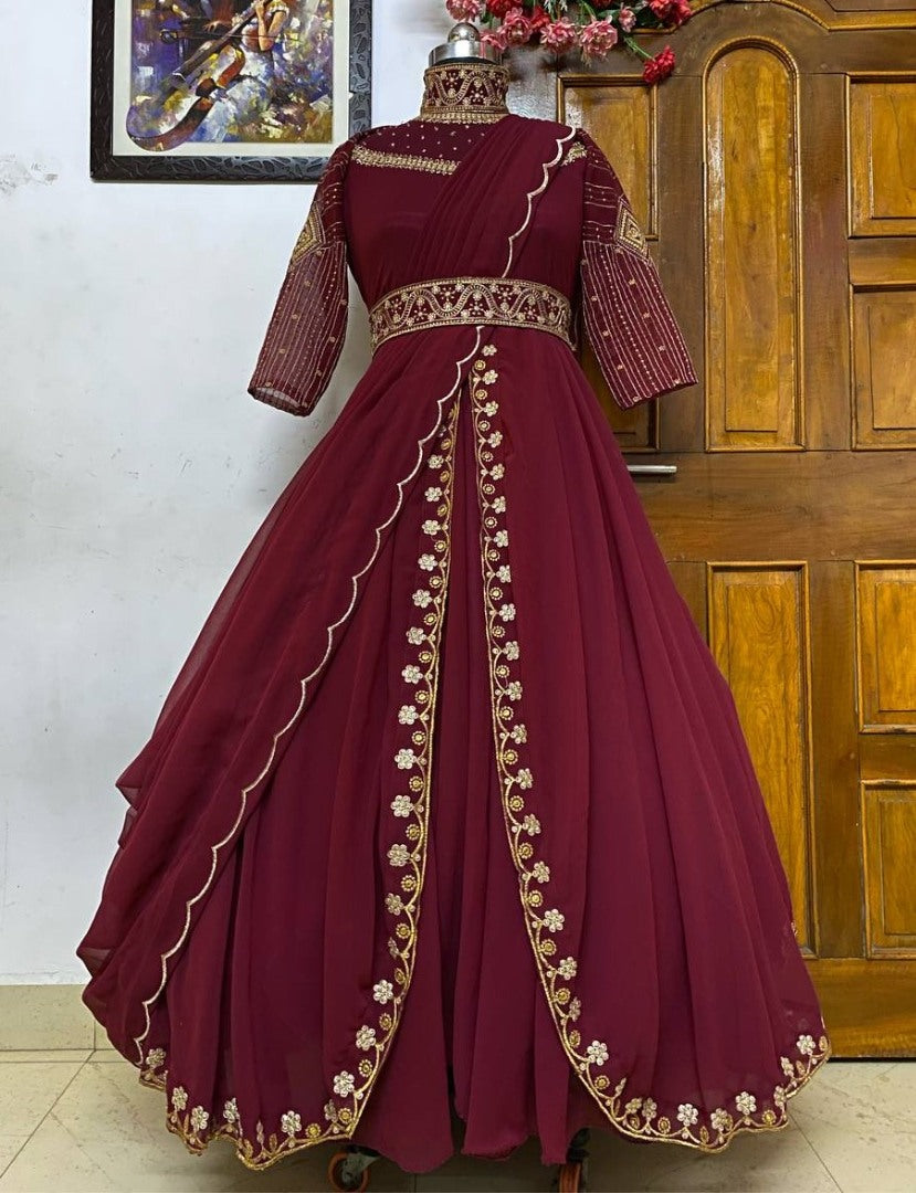 Maroon georgette embroidery work indowestern party wear gown