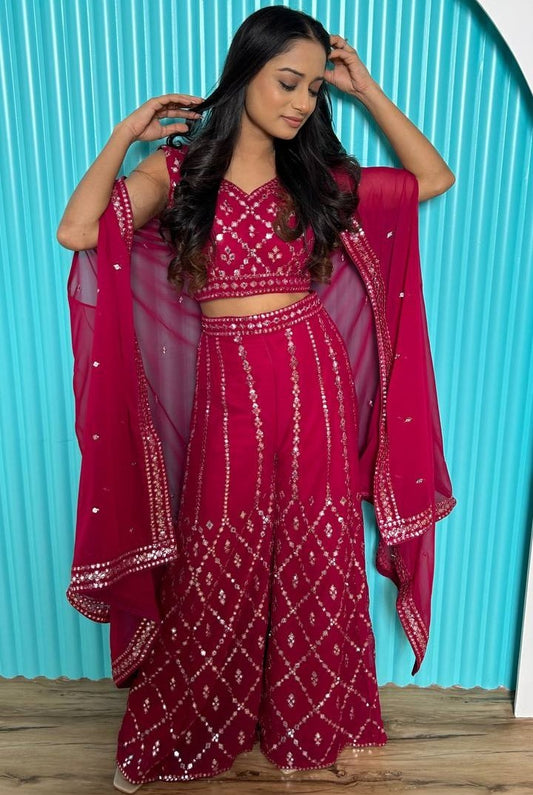 Maroon georgette foil mirror work heavy palazzo suit