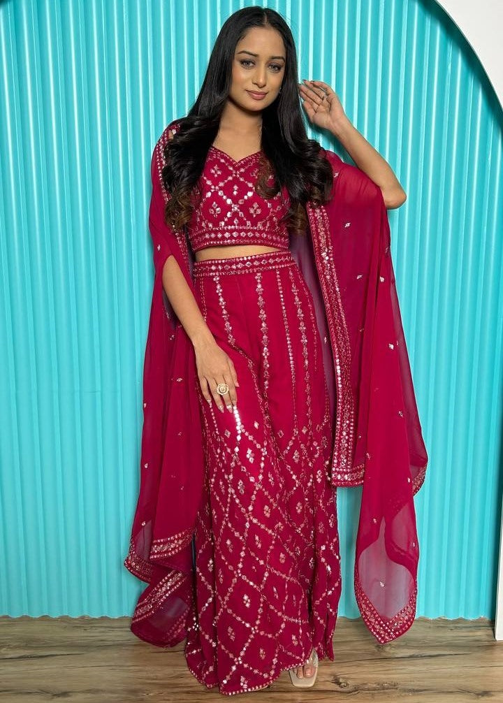 Maroon georgette foil mirror work heavy palazzo suit