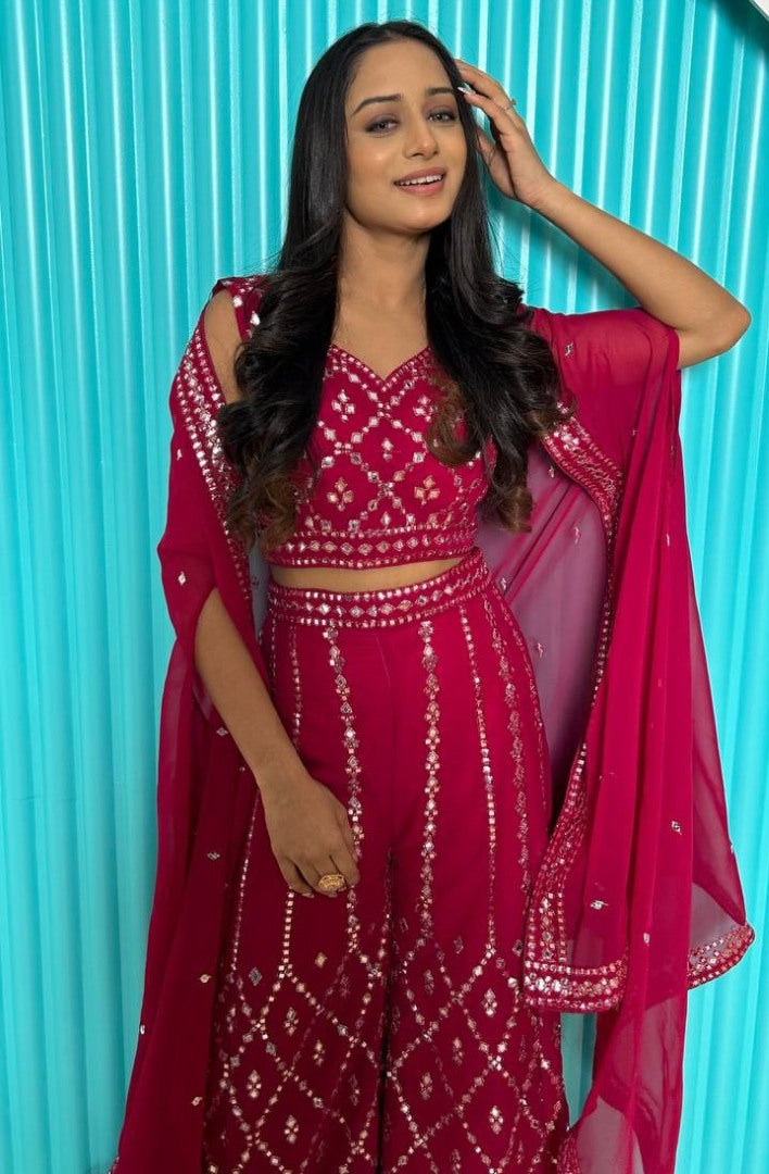 Maroon georgette foil mirror work heavy palazzo suit