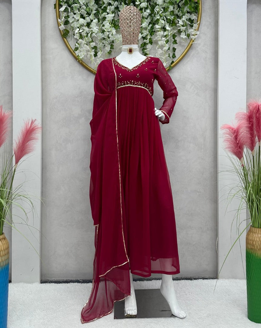 Maroon georgette handwork kurti