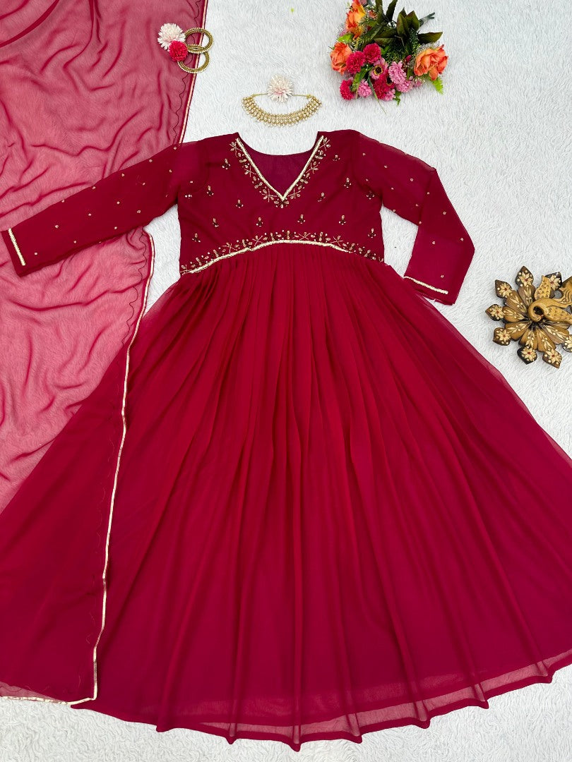Maroon georgette handwork kurti