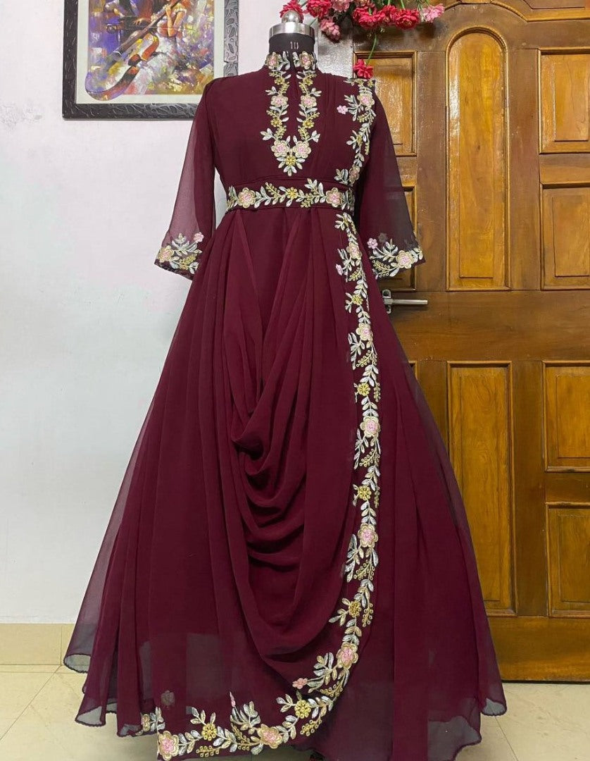 Maroon georgette indowestern gown