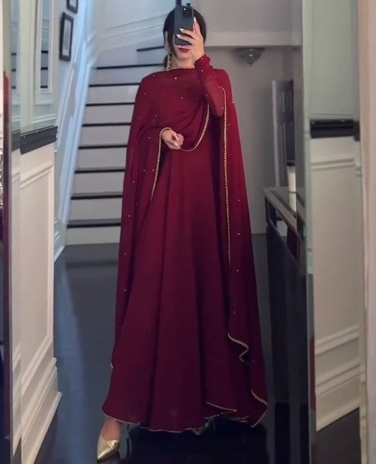 Maroon georgette plain heavy flair party wear gown