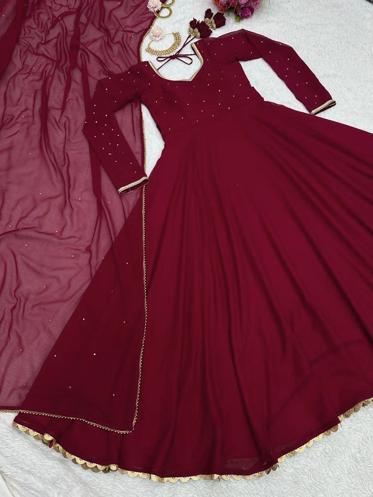 Maroon georgette plain heavy flair party wear gown