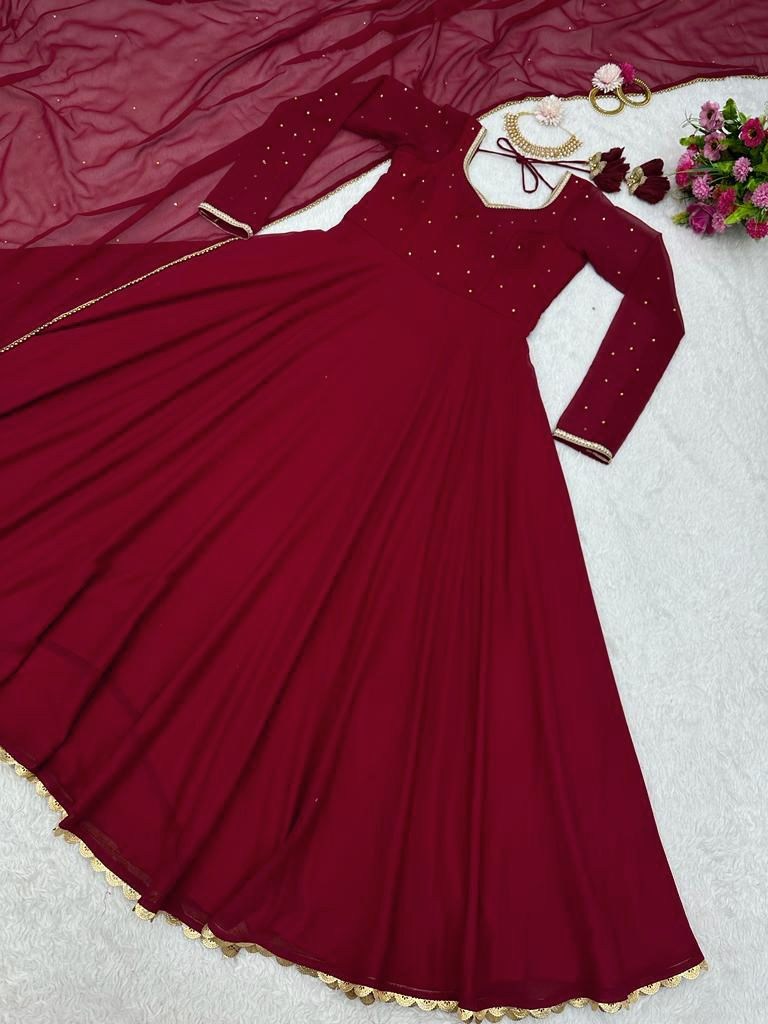 Maroon georgette plain heavy flair party wear gown