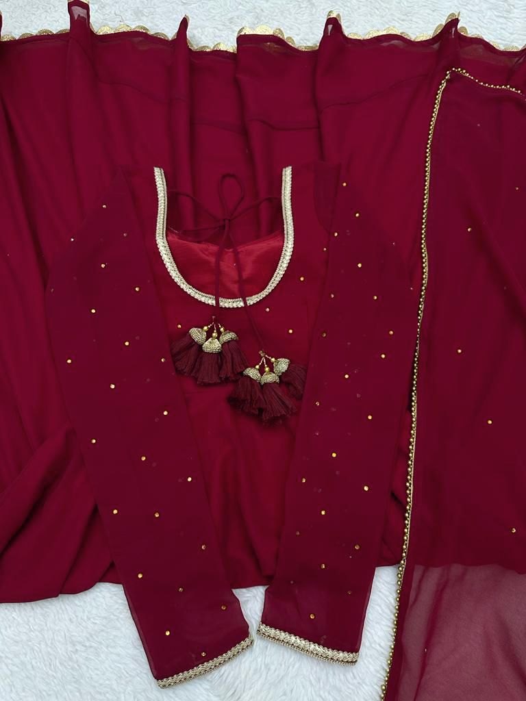 Maroon georgette plain heavy flair party wear gown