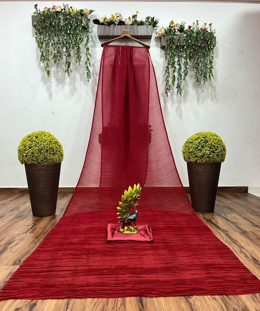 Maroon georgette pleated partywear saree