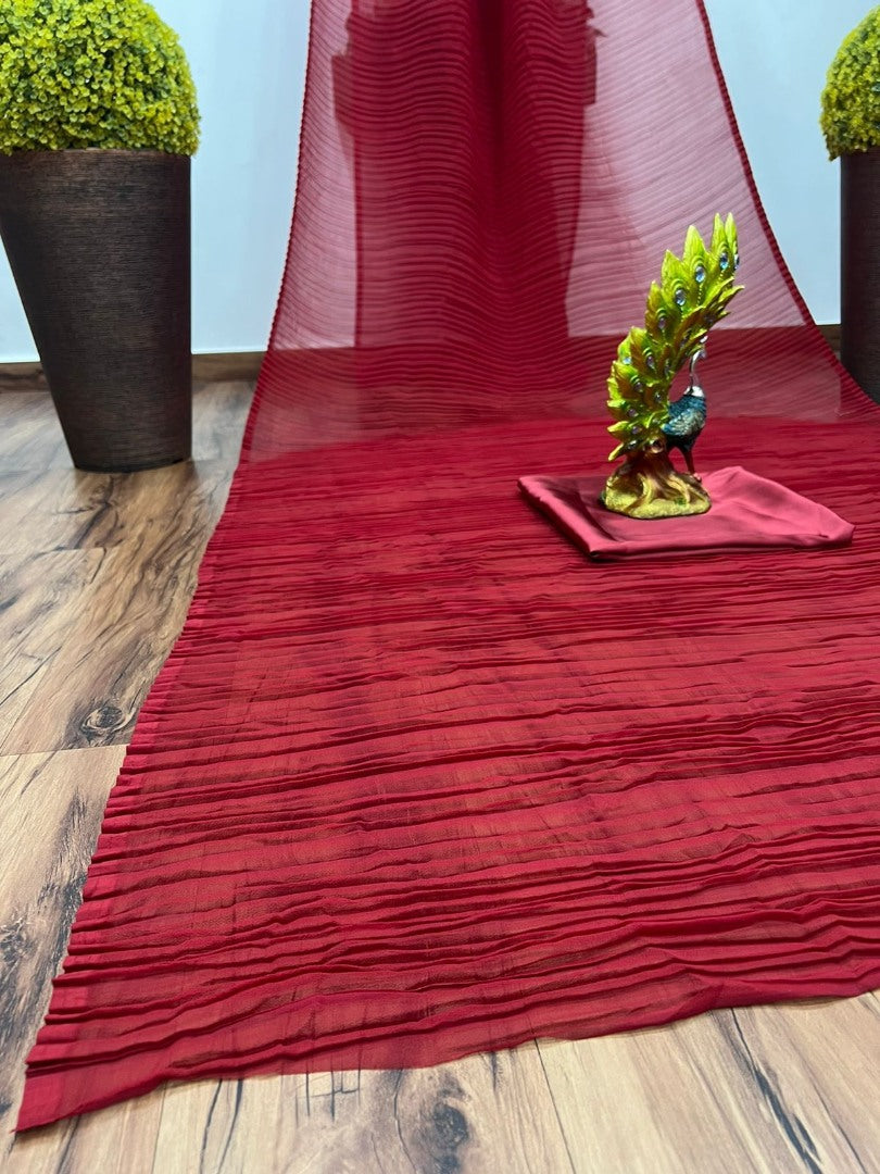 Maroon georgette pleated partywear saree