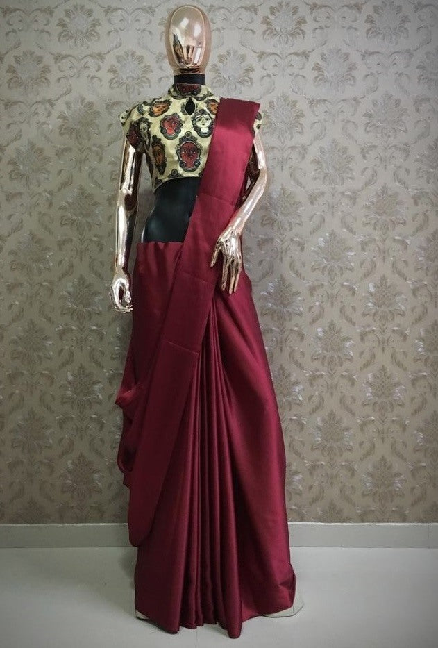 Maroon japan satin partywear saree