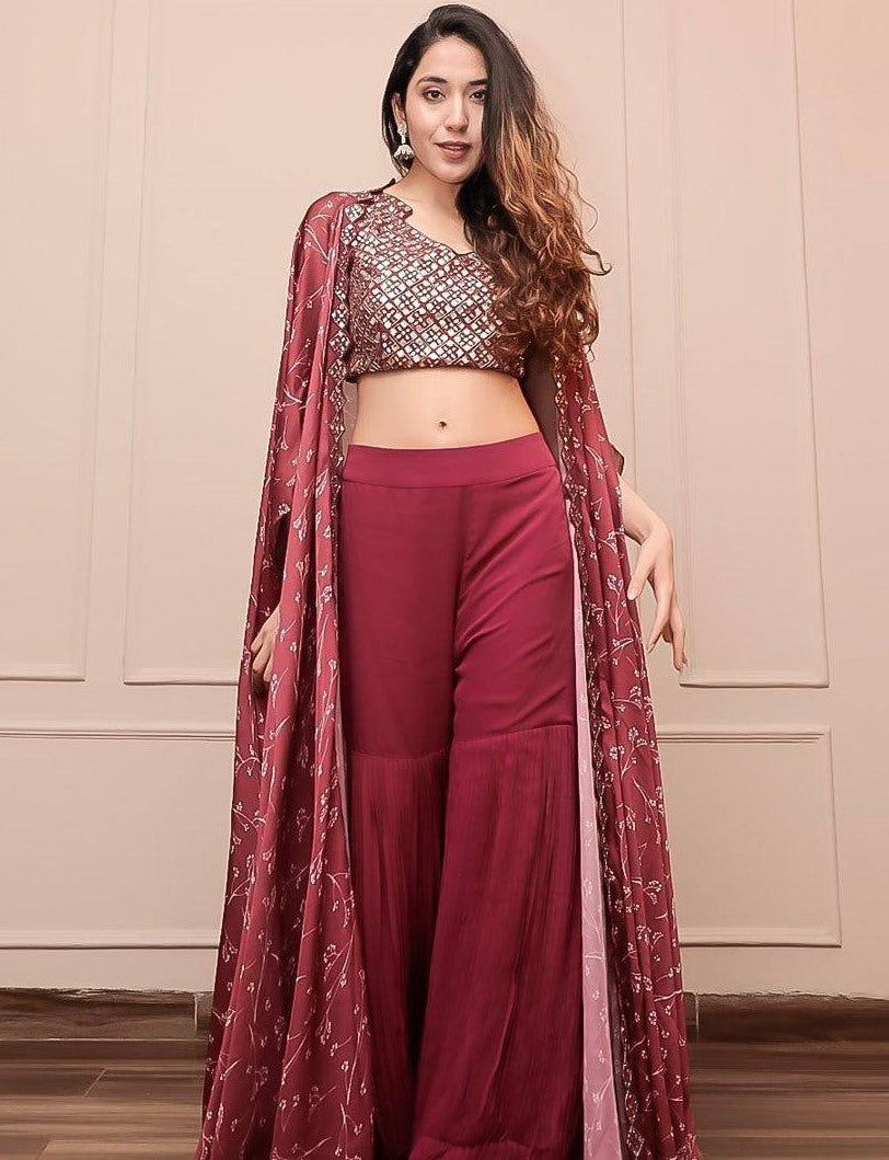Maroon japan satin silk indowestern sharara with printed shrug