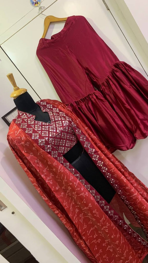 Maroon japan satin silk indowestern sharara with printed shrug