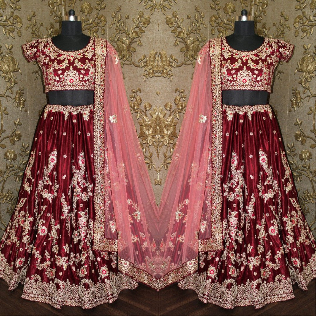 Maroon Kalidaar Silk Velvet Bridal Lehenga Choli Dupatta Set