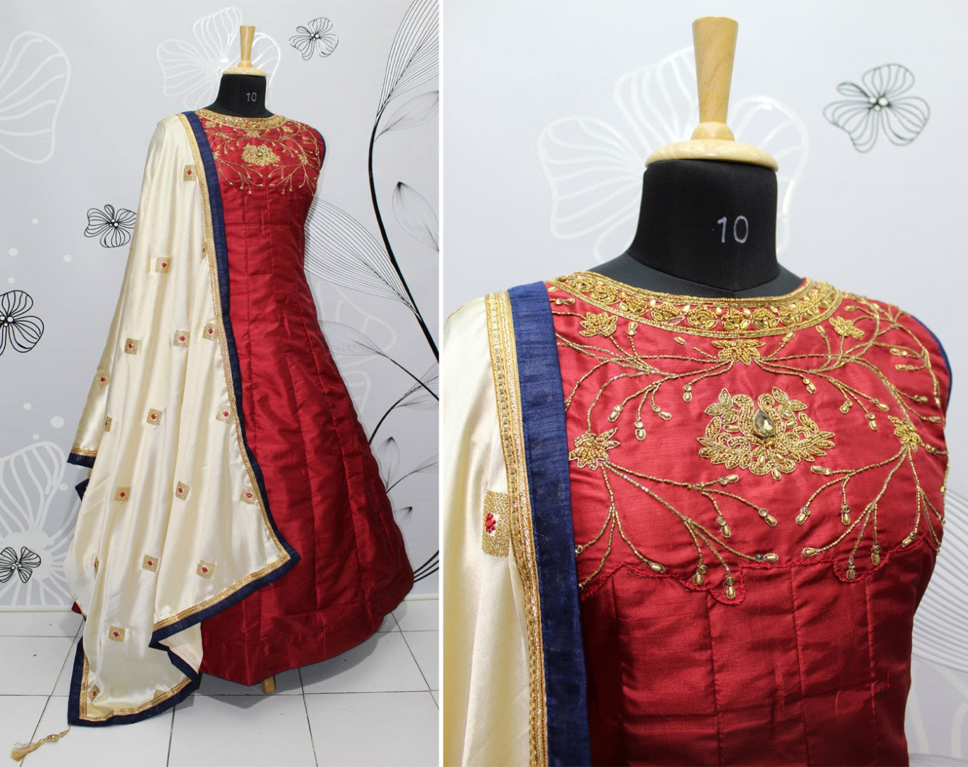 maroon kumkum silk handworked neck partywear gown with embroidered dupatta