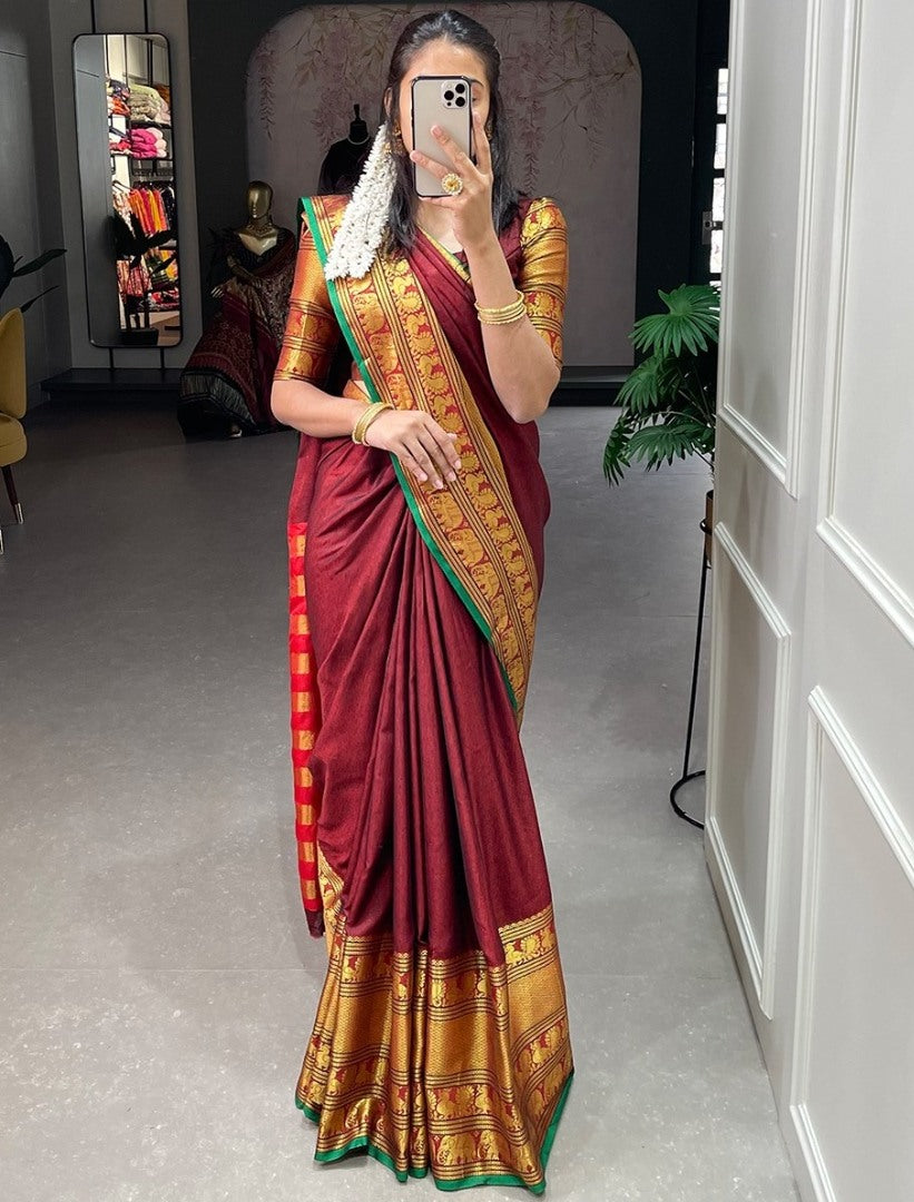 Maroon narayan pet cotton weaving work saree
