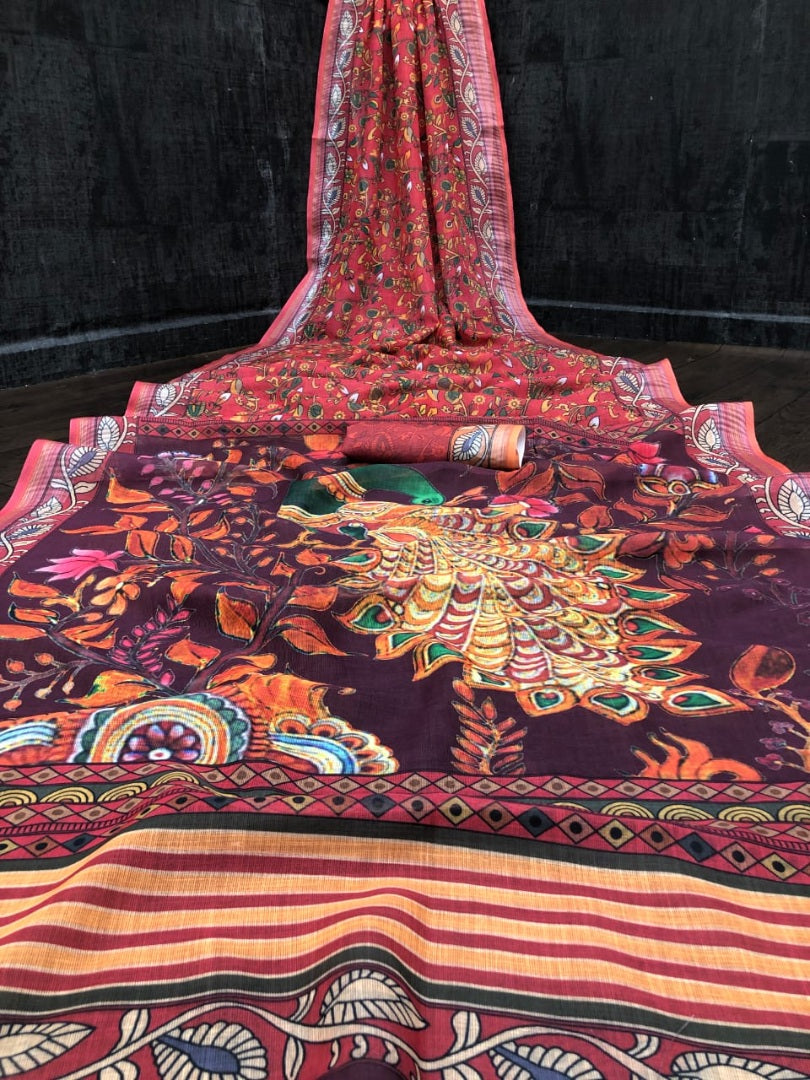 Maroon premium linen kalamkari digital printed work designer saree