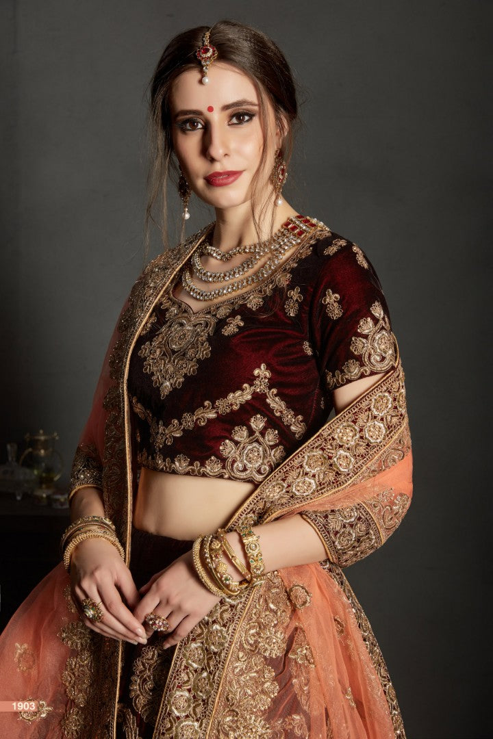 maroon pure velvet designer heavy embroidered bridal lehenga