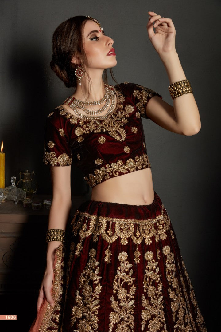 maroon pure velvet designer heavy embroidered bridal lehenga