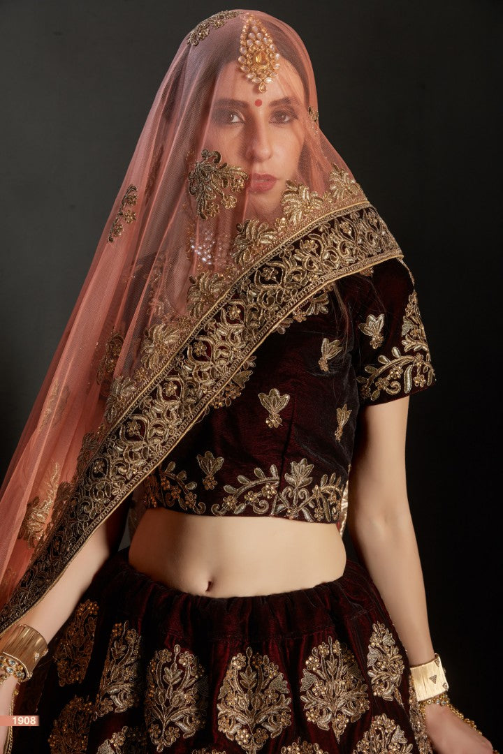 maroon pure velvet designer heavy embroidered bridal lehenga