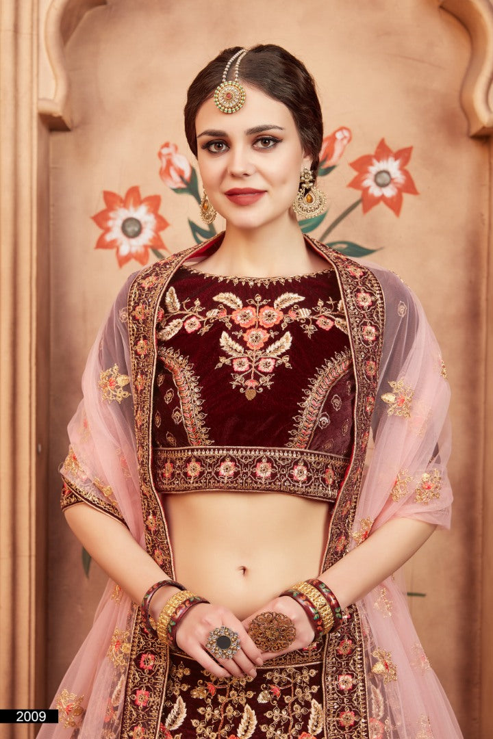 Maroon pure velvet heavy embroidered bridal wedding lehenga choli