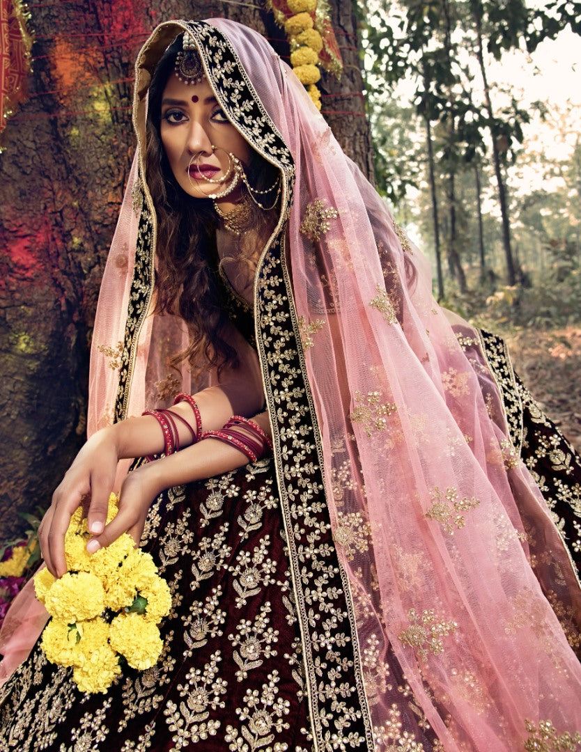 Maroon pure velvet soft net stone work bridal lehenga choli