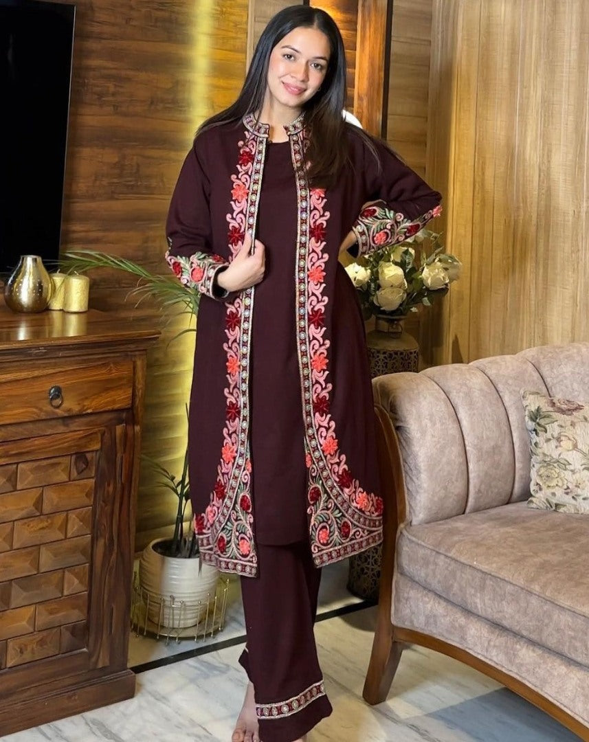 Maroon rayon heavy work designer indowestern suit with shrug
