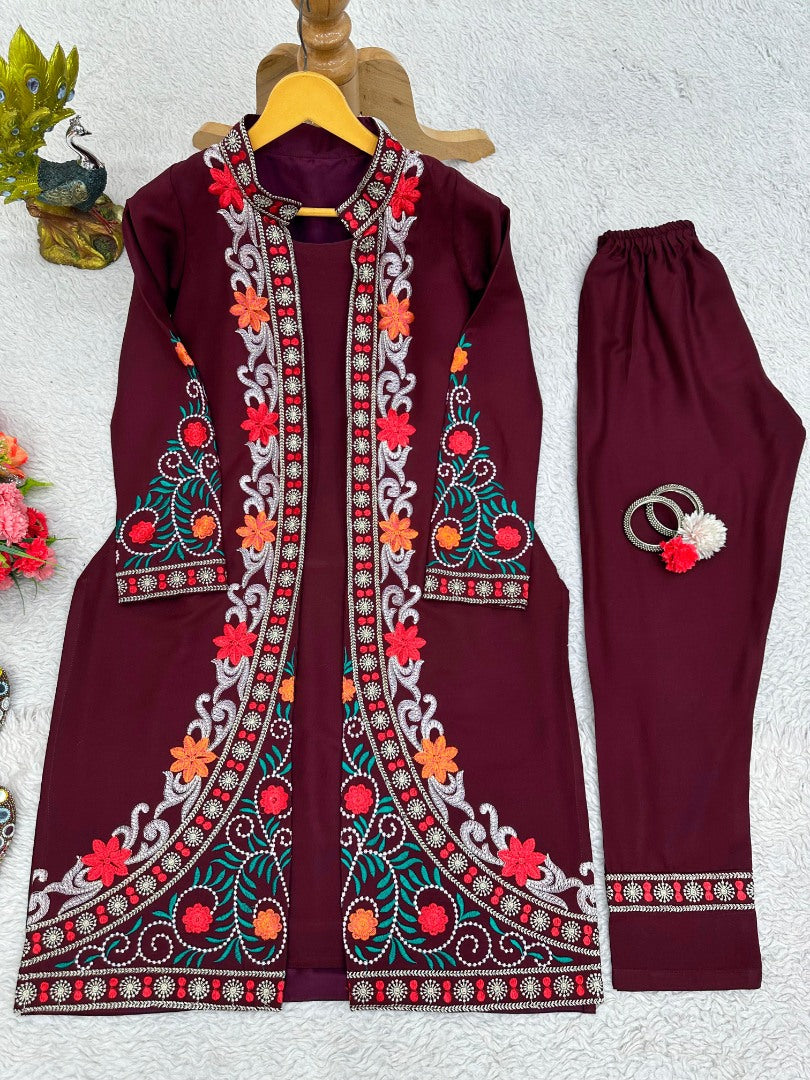 Maroon rayon heavy work designer indowestern suit with shrug